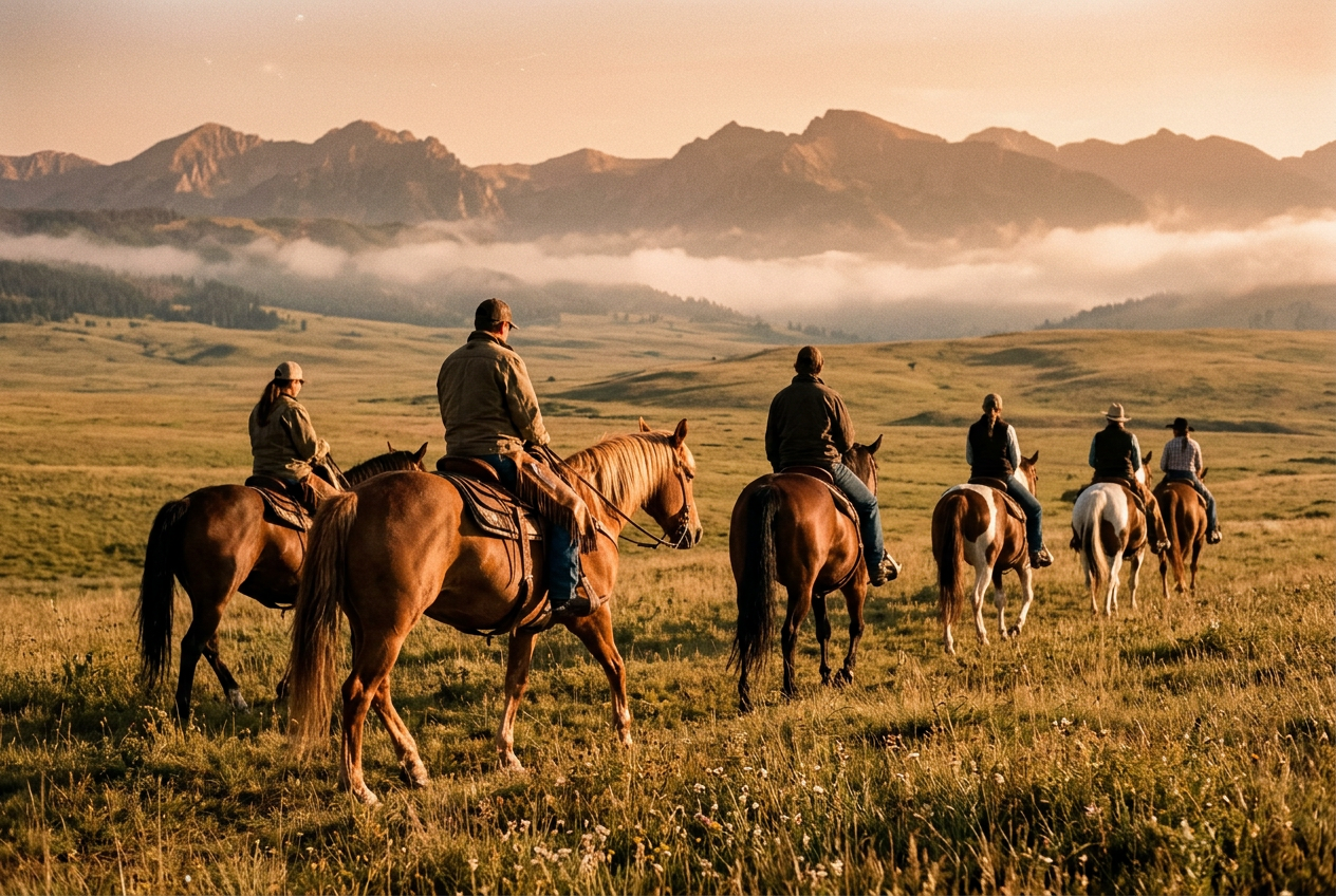 Horses in a misty mountain pasture at dawn