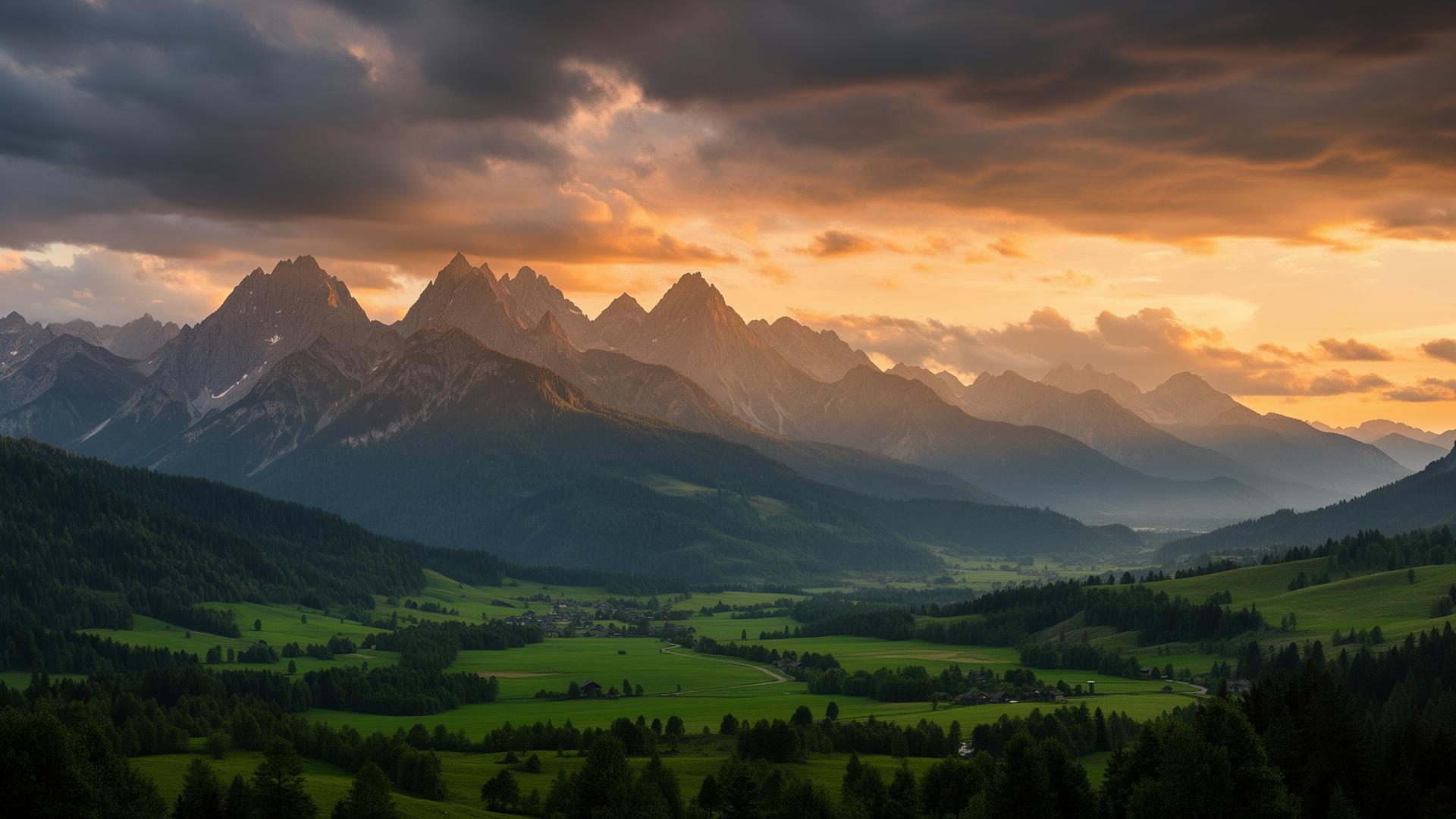 Mountain range at sunrise above a green valley